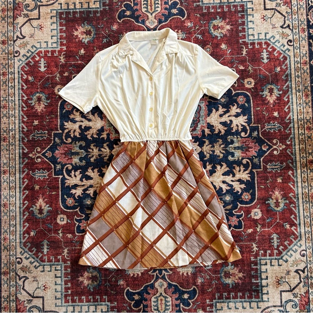 VTG 70s Brown Plaid Skirt Mini Dress
